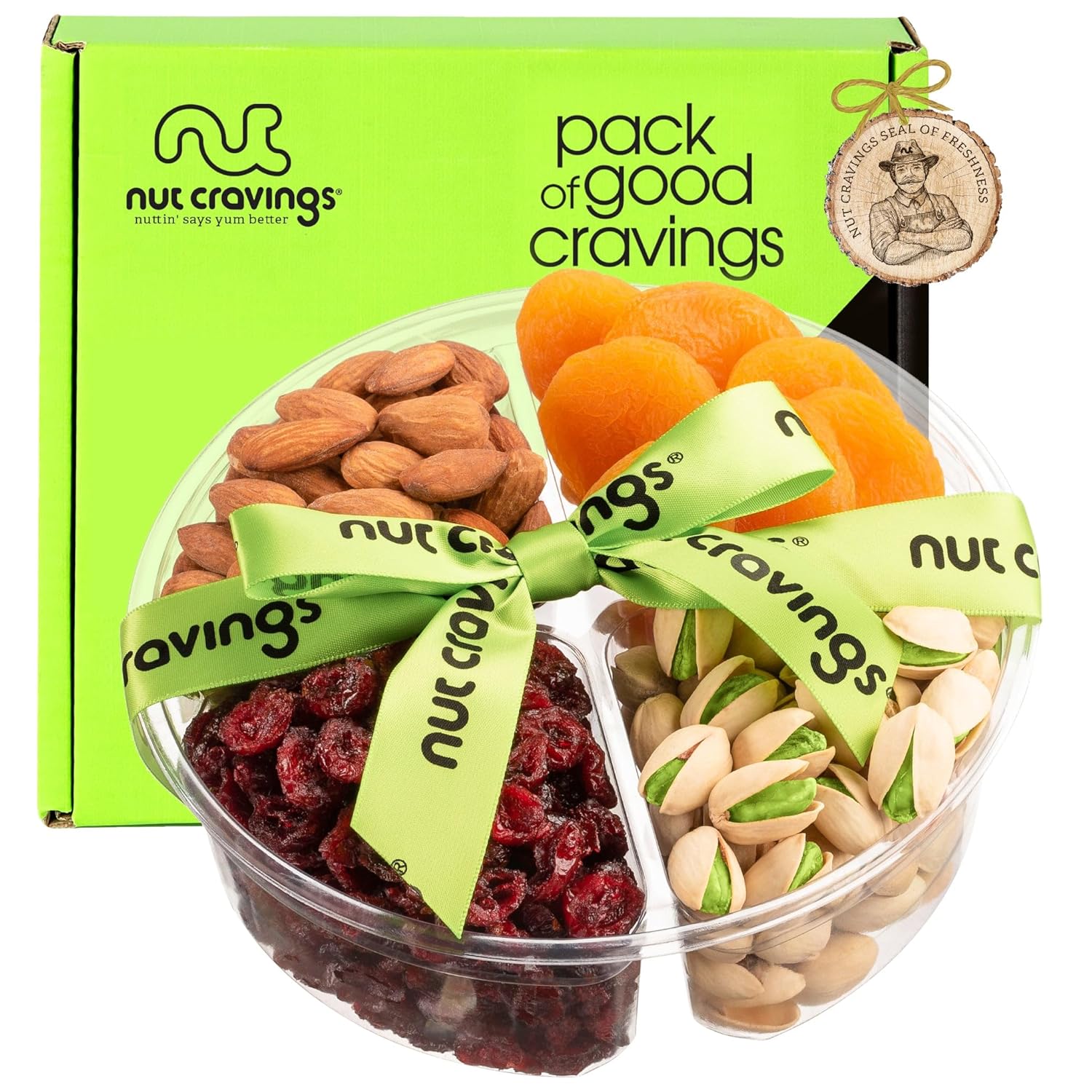 Nut Cravings Gourmet Collection - Dried Fruit & Mixed Nuts Gift Basket + Green Ribbon (4 Assortments) Teacher Appreciation Arrangement Platter, Birthday Care Package - Healthy Kosher