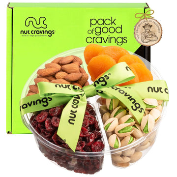 Nut Cravings Gourmet Collection - Dried Fruit & Mixed Nuts Gift Basket + Green Ribbon (4 Assortments) Teacher Appreciation Arrangement Platter, Birthday Care Package - Healthy Kosher