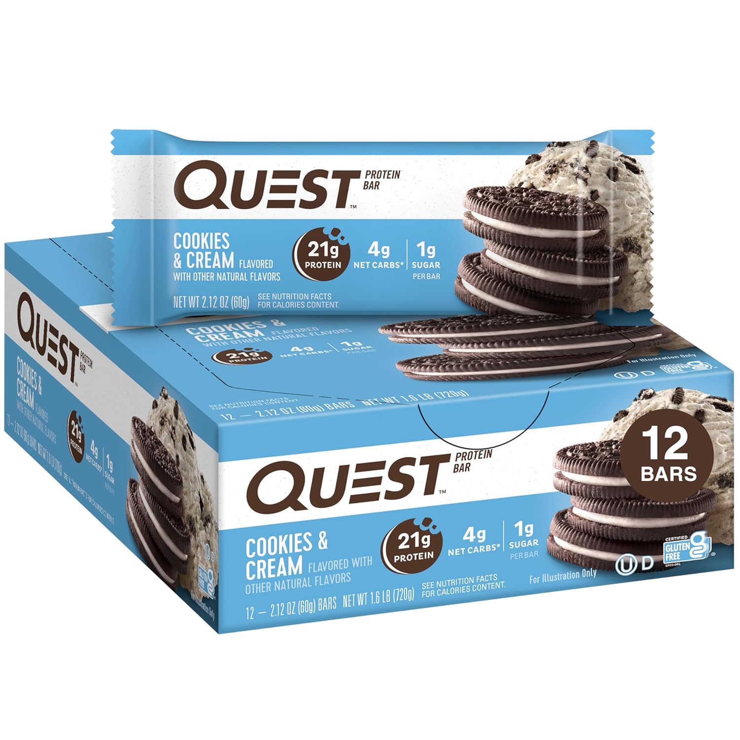 Quest Nutrition Cookies & Cream Protein Bars, 21G Protein, 1G Sugar, 4G Net Carb, Gluten Free, Keto Friendly, 12 Count