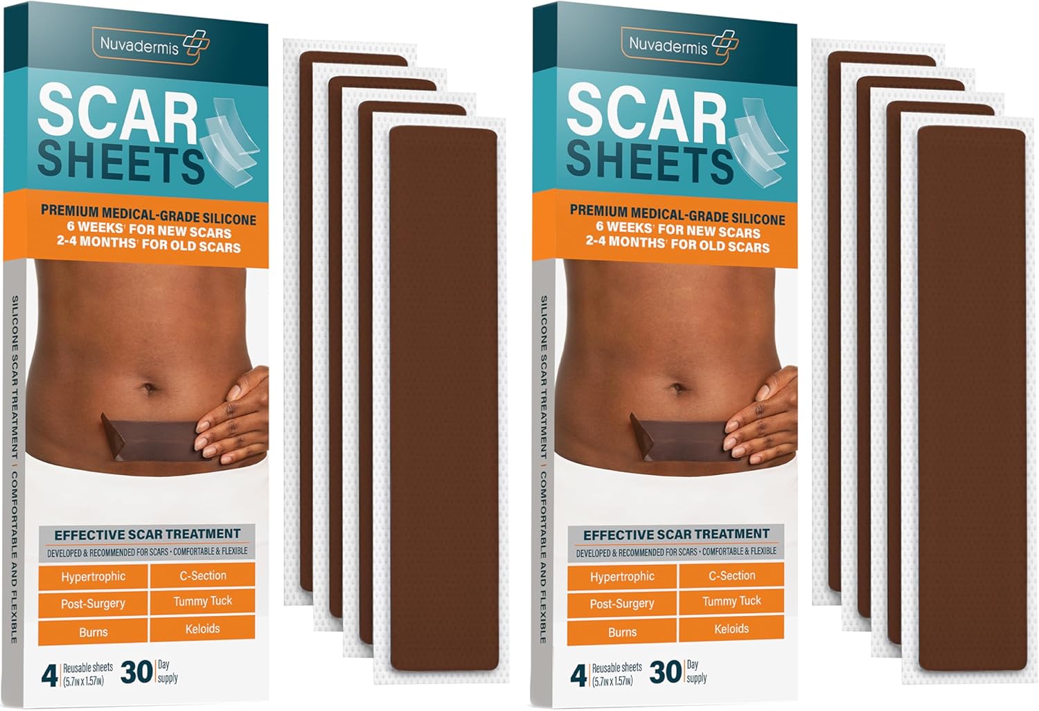 Nuvadermis Silicone Scar Sheets - Extra Long Scar Sheets For C-Section, Tummy Tuck, Keloid, And Surgical Scars - Reusable Medical Grade Silicone Scar Sheets - 2 Packs Of 4 - Dark Tone, Beige