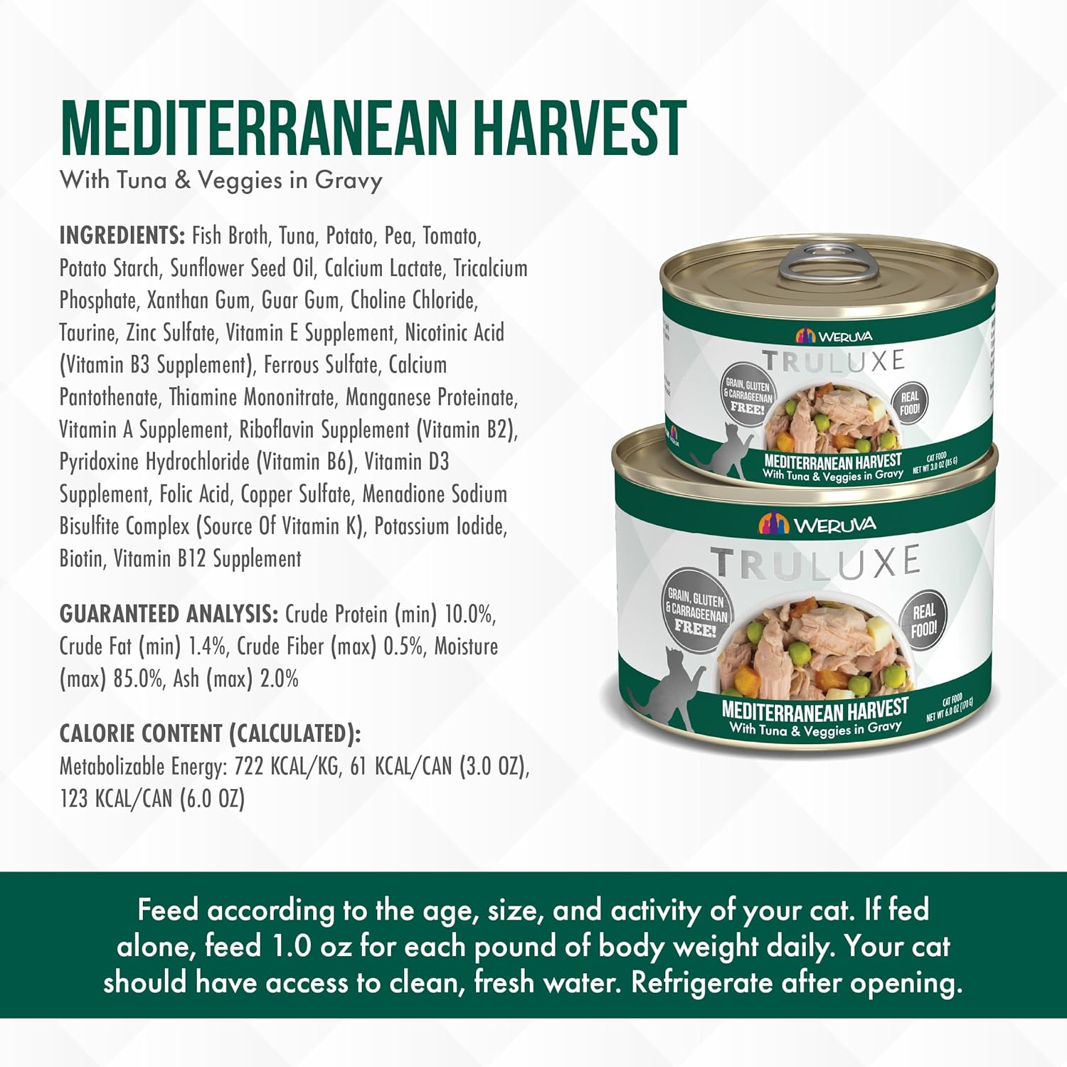 Weruva TruLuxe Cat Food, Mediterranean Harvest with Tuna Whole Meat & Veggies in Gravy, 3oz (Pack of 24) : Pet Supplies