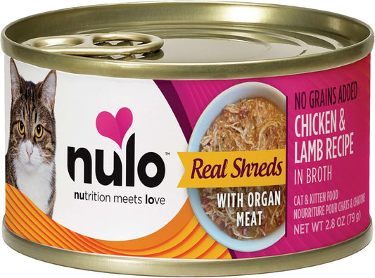 Nulo Grain-Free Real Shreds With Organ Meat Wet Canned Cat & Kitten Food, Chicken And Lamb In Broth, 2.8 Ounce, 12 Cans