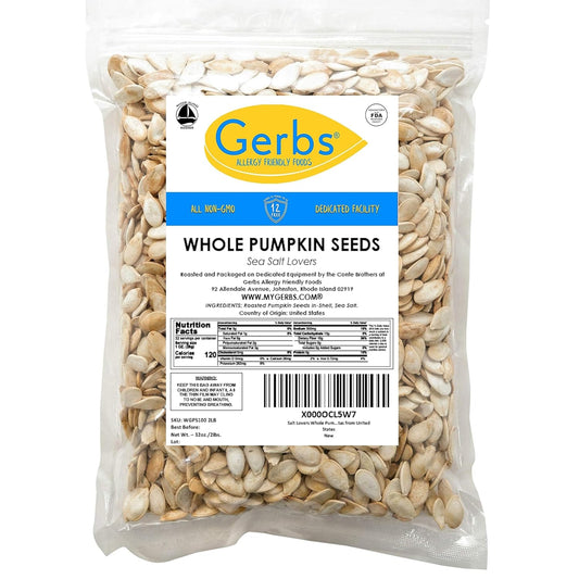 Pumpkin Seeds in-Shell Whole Roasted Heavy Sea Salt by Gerbs - 2 LBS Premium Grade AA Pepitas - Top 10 Food Allergen Free - Vegan & Kosher - Seed Country of Origin USA - Made in Rhode Island
