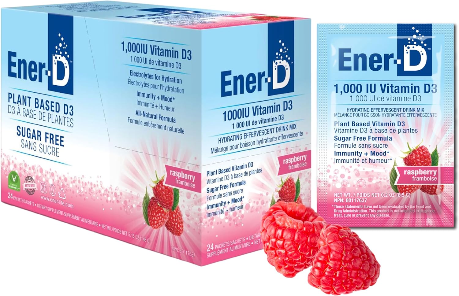 Ener-D Raspberry Multivitamin Drink Powder - Sugar Free Vitamin D3 - Immune & Energy Support - for Men & Women - Zinc, Vitamin B & C, Electrolytes - Vegan, Non-GMO Real Fruit Juice - 24 Servings