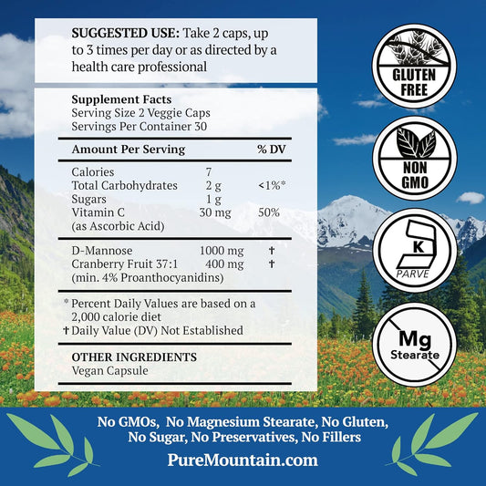 Pure Mountain Botanicals Cranberry D Mannose Capsules - 60 Kosher Vegan Caps - 1000Mg D Mannose With Cranberry Concentrate Plus Vitamin C