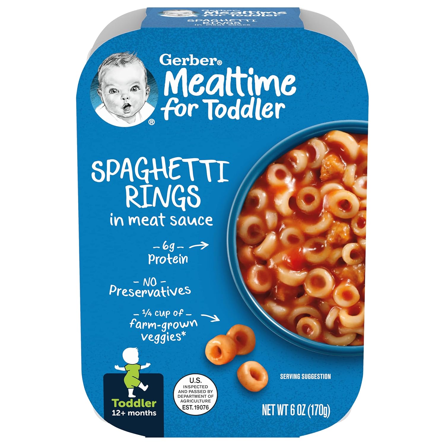 Gerber Mealtime For Toddler, Spaghetti Rings In Meat Sauce Toddler Food, 6 Oz Tray