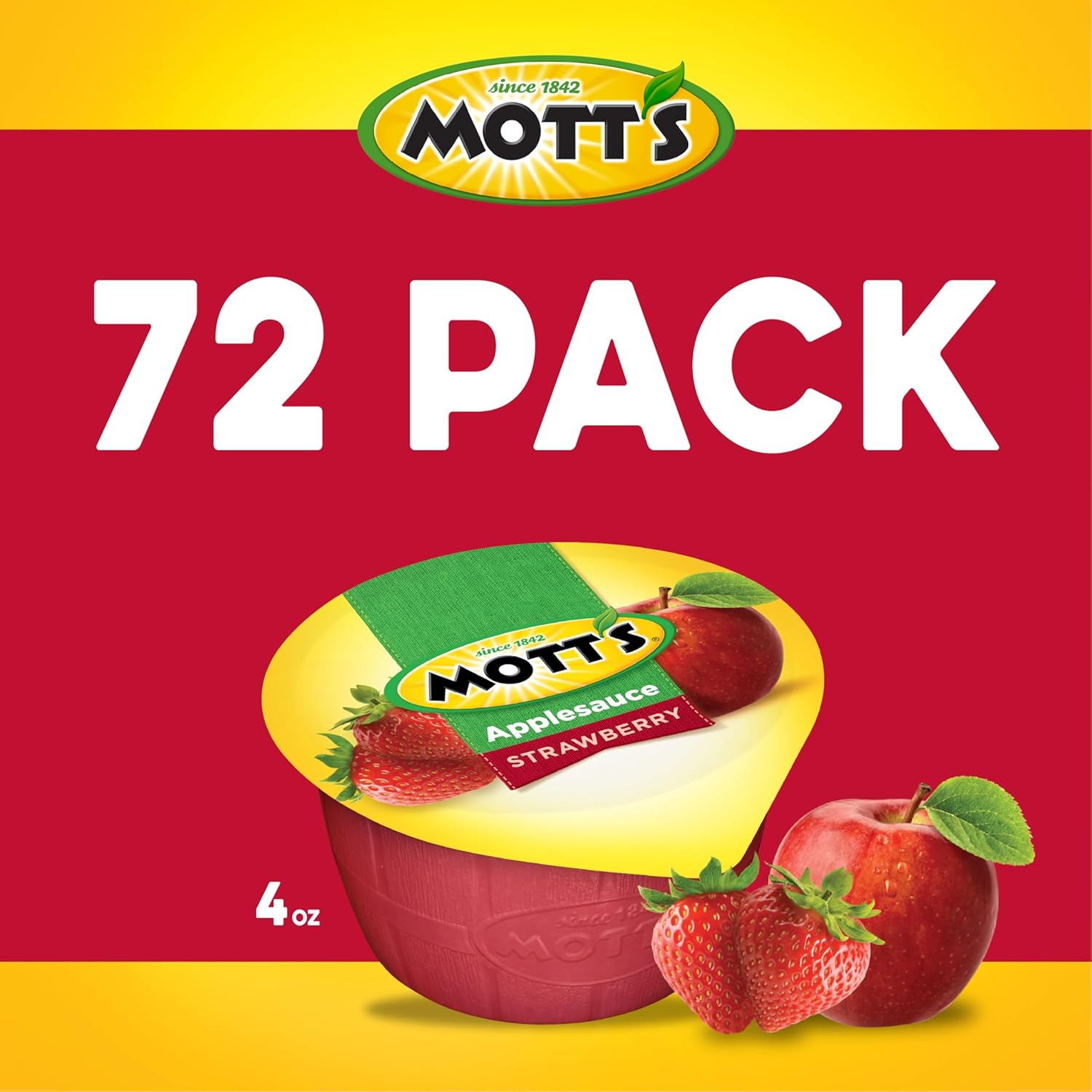 Mott'S Strawberry Applesauce, 4 Oz Cups, 72 Count (12 Packs Of 6), No Artificial Flavors, Good Source Of Vitamin C, Nutritious Option For The Whole Family