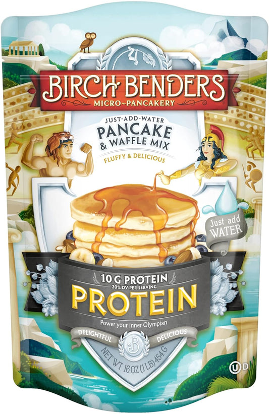 Birch Benders Protein Pancake and Waffle Mix, 16 oz (Pack of 4) with By The Cup Swivel Spoons