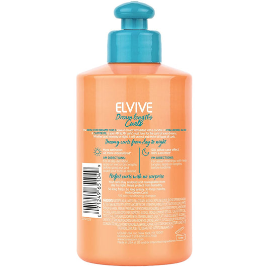 L'Oreal Paris Elvive Dream Lengths Curls Non-Stop Dreamy Curls Leave-In Conditioner, Paraben-Free With Hyaluronic Acid And Castor Oil. Best For Wavy Hair To Coily Hair, 10.2 Fl Oz