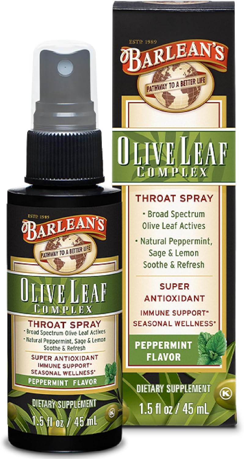 Barlean's Olive Leaf Complex Throat Spray with Peppermint, Lemon, & Sage for Itchy Throat Relief, Immune Support Supplement for Seasonal Wellness, Liquid Blended Extract, 1.5 oz