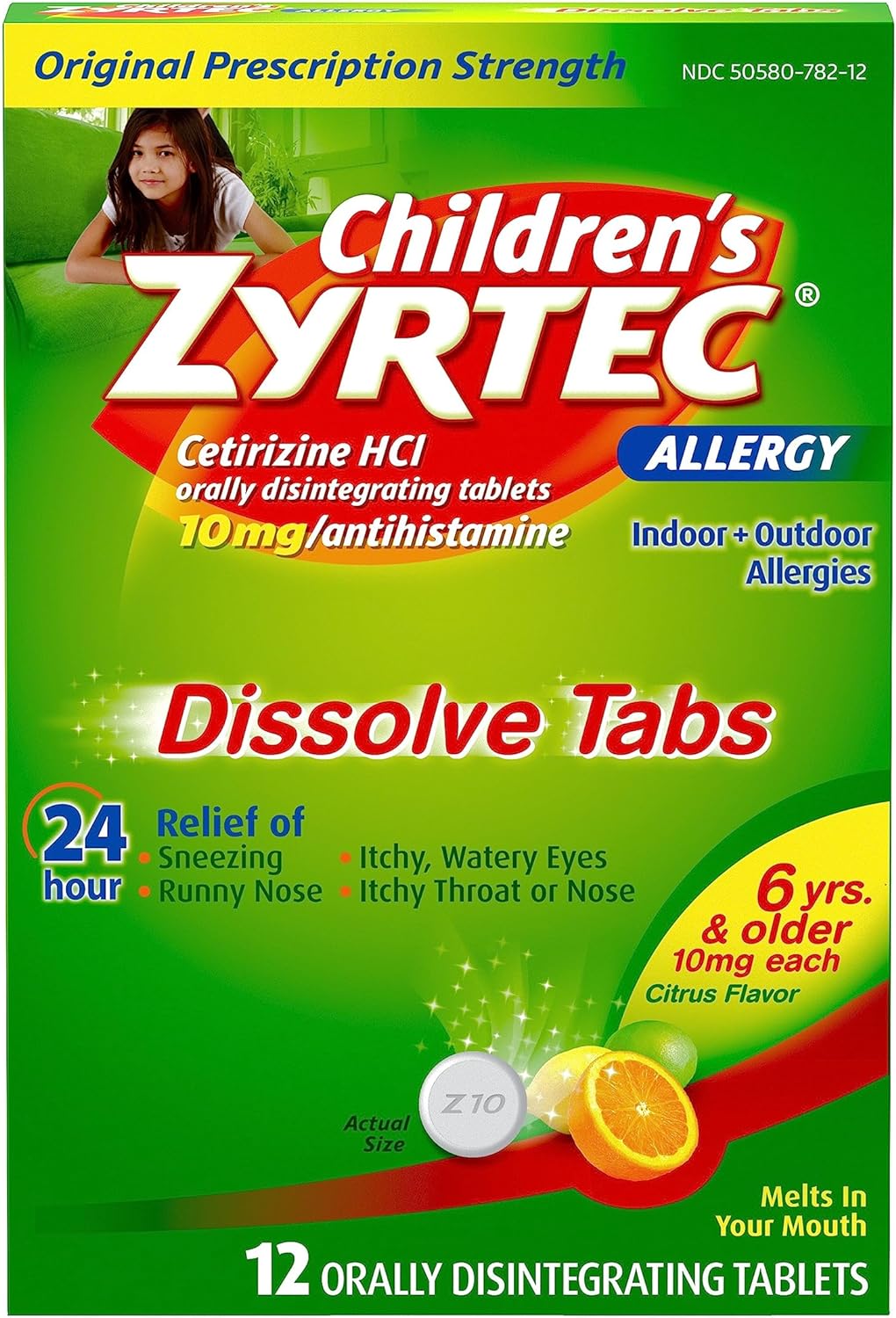 Zyrtec Children'S 24 Hour Dissolving Allergy Relief Tablets With 10 Mg Children'S Cetirizine Hydrochloride, Citrus Flavored Dissolvable Allergy Tablets With Antihistamine For Kids, 12 Ct