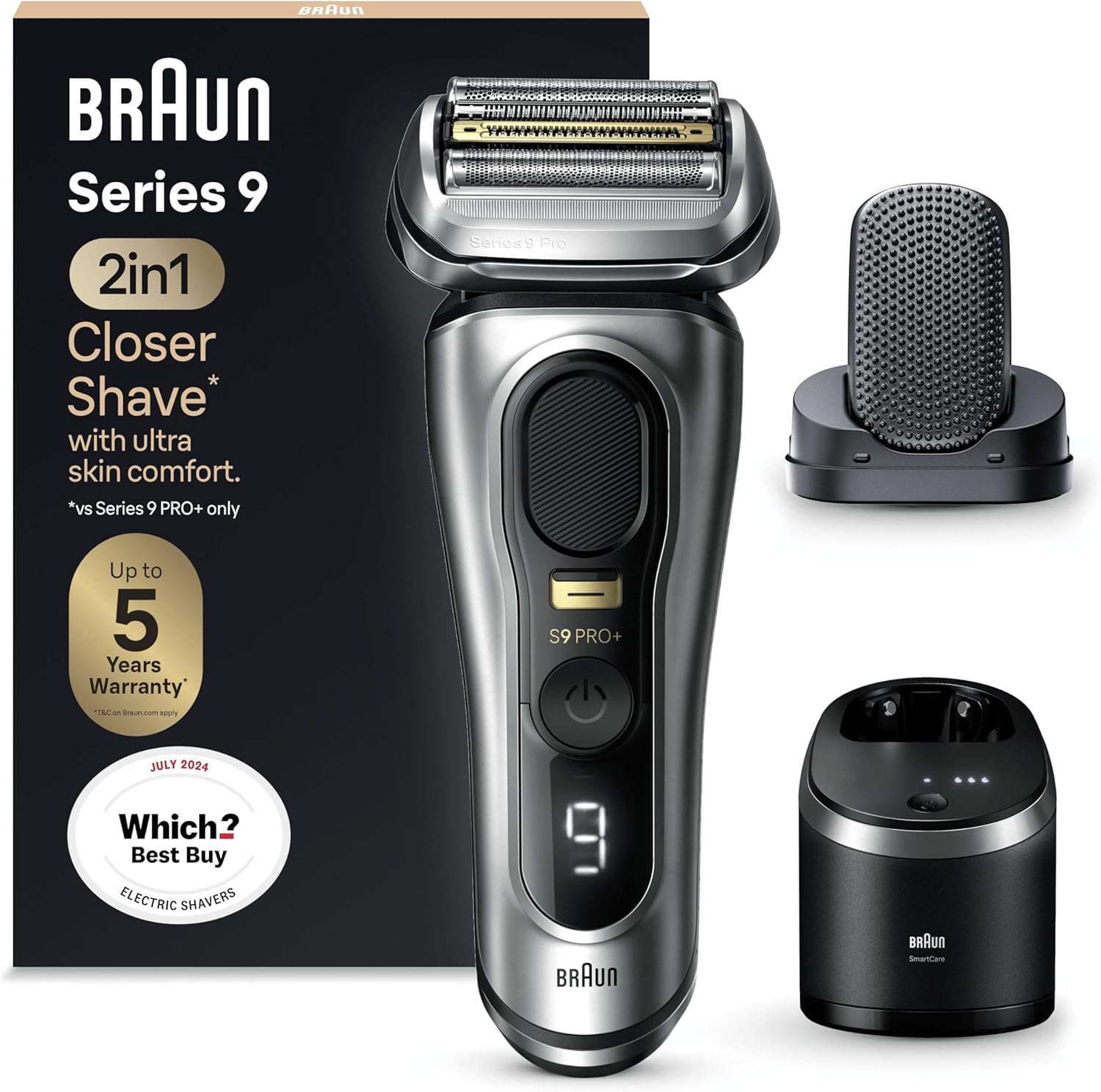 Braun Series 9 Pro+ Electric Shaver For Men, 5 Pro Shave Elements & Shave-Preparing Procomfort Head, 2In1 System, Smartcare Center, Wet & Dry Electric Razor With 60Min Runtime, 9597Cc, Silver