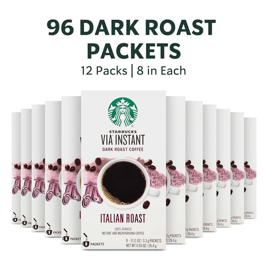 Starbucks VIA Instant Coffee—Dark Roast Coffee—Italian Roast—100% Arabica—12 boxes (96 packets total)