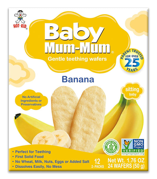 Hot-Kid Baby Mum-Mum Rice Rusks, Banana, 24 Pieces (Pack of 6) Gluten Free, Allergen Free, Non-GMO, Rice Teether Cookie for Teething Infants