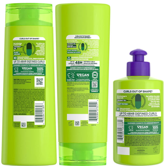 Garnier Fructis Curl Nourish Sulfate Free Moisturizing Shampoo, Conditioner + Air Dry Cream Defining Butter Set (3 Items), 1 Kit (Packaging May Vary)