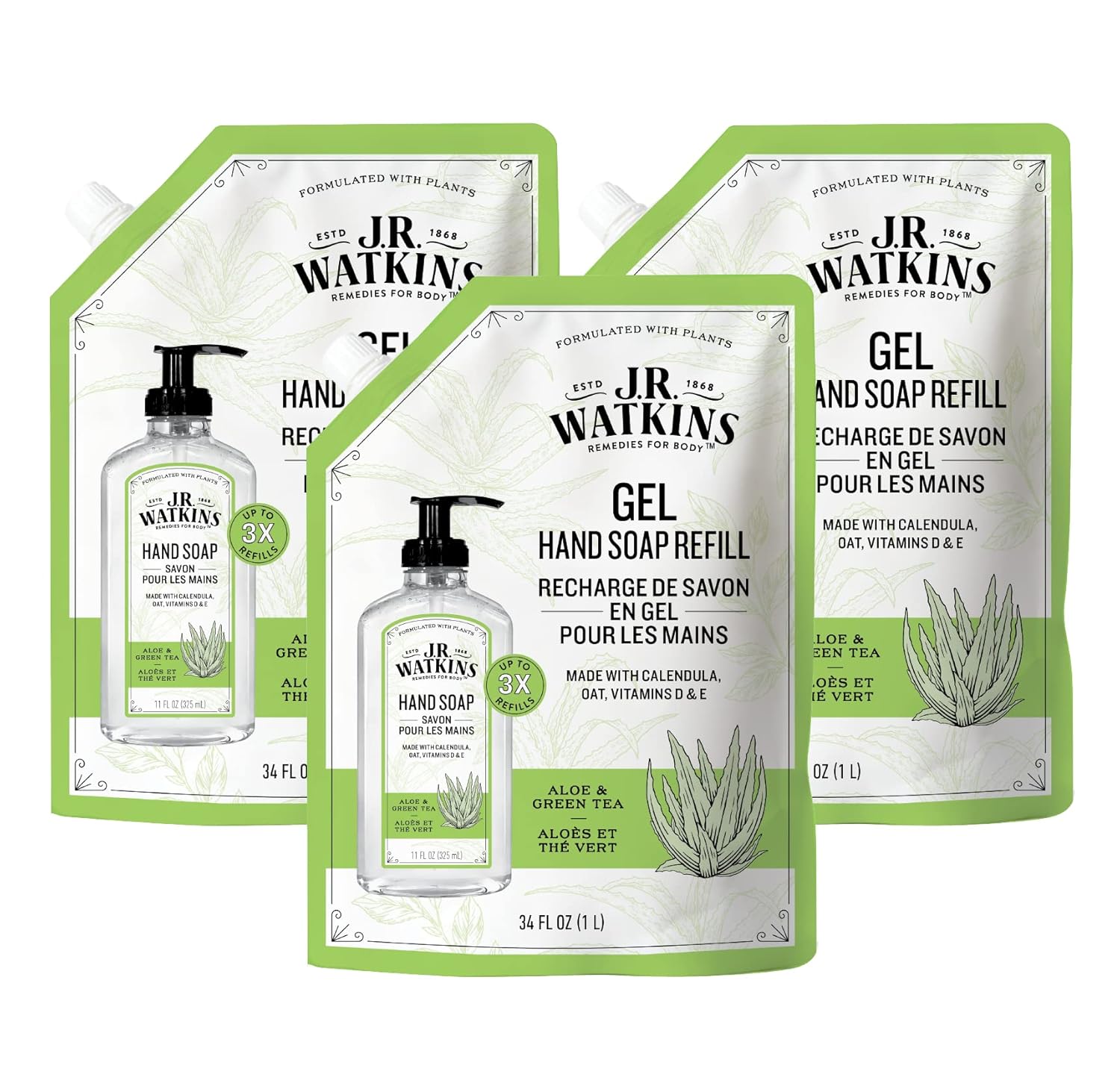J.R. Watkins Gel Hand Soap Refill, Moisturizing Hand Wash, All Natural, Alcohol-Free, Cruelty-Free, Usa Made, Aloe Green Tea, 34 Fl Oz, 3 Pack