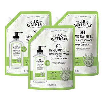J.R. Watkins Gel Hand Soap Refill, Moisturizing Hand Wash, All Natural, Alcohol-Free, Cruelty-Free, Usa Made, Aloe Green Tea, 34 Fl Oz, 3 Pack