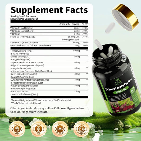Tmg Supplements - Trimethylglycine Capsules, Betaine Anhydrous 600Mg, With Ginkgo & Vitamin B6, Supports Methylation, Liver Wellness & Cognitive, Non-Gmo, Vegan, 120 Count