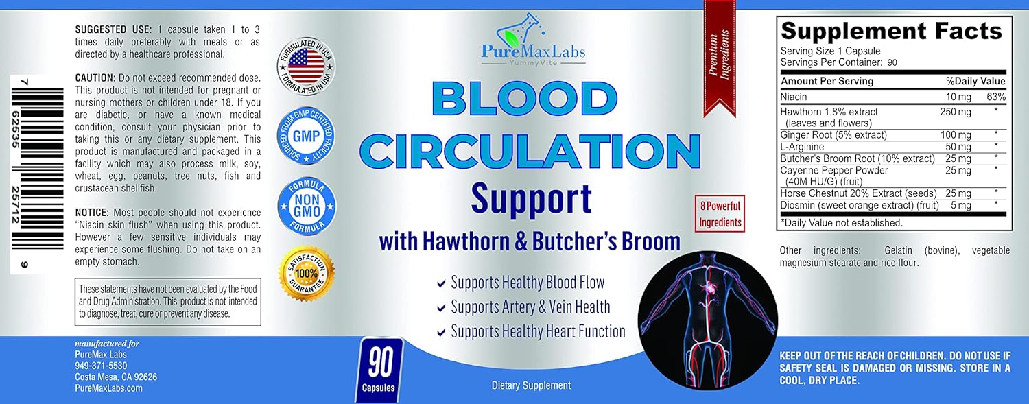 Yummyvite Blood Circulation Supplement - With Hawthorn, Butchers Broom, Horse Chestnut, Arginine, Diosmin, Varicose Veins Treatment, Circulation Support - 90 Capsules : Health & Household