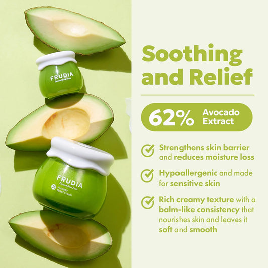 Frudia Avocado Relief Face Cream, Calming Korean Skincare Face Moisturizer With 62% Avocado Extract, Centella Asiatica & Madecassosidex4 For Dry, Sensitive Skin (1.94 Fl Oz)