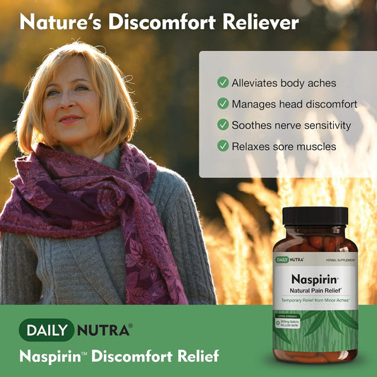 Naspirin Willow Bark Formula - Natural Relief For The Head, Back, Shoulder, Neck, Knees, & Joints - Extra Strength White Willow Bark Supplement With Turmeric & Boswellia (90 Capsules)