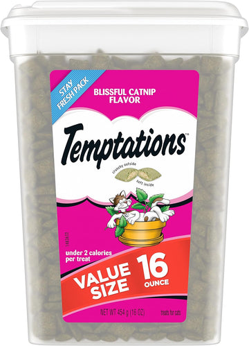 TEMPTATIONS Classic Crunchy and Soft Cat Treats Blissful Catnip Flavor, 16 Ounce (Pack of 1)