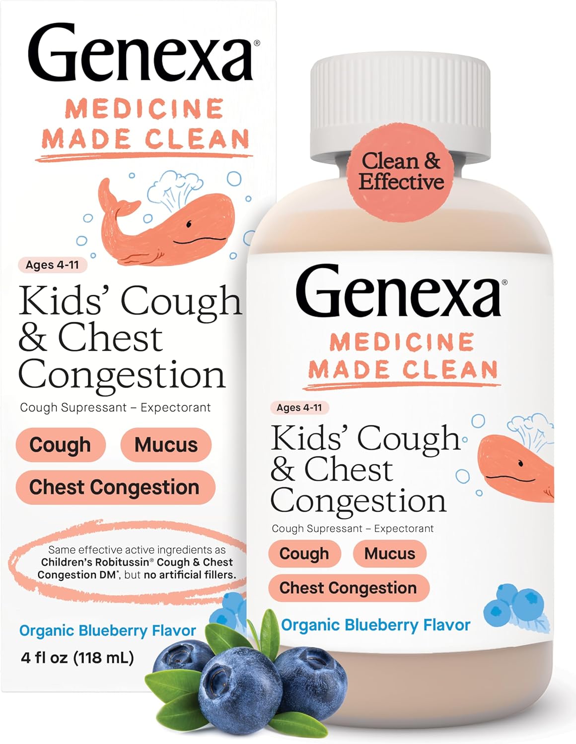 Genexa Kids' Liquid Cough & Chest Congestion Medicine | Multi-Symptom Relief Cough Syrup For Kids 4-11 | Cough Suppressant & Expectorant | Delicious Organic Blueberry Flavor | 4 Fluid Ounces