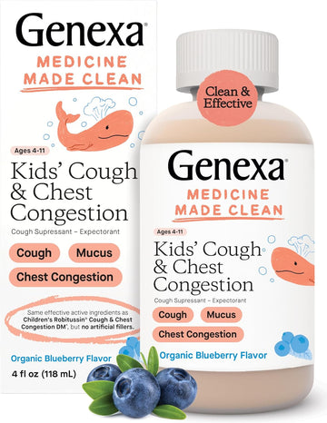 Genexa Kids' Liquid Cough & Chest Congestion Medicine | Multi-Symptom Relief Cough Syrup For Kids 4-11 | Cough Suppressant & Expectorant | Delicious Organic Blueberry Flavor | 4 Fluid Ounces