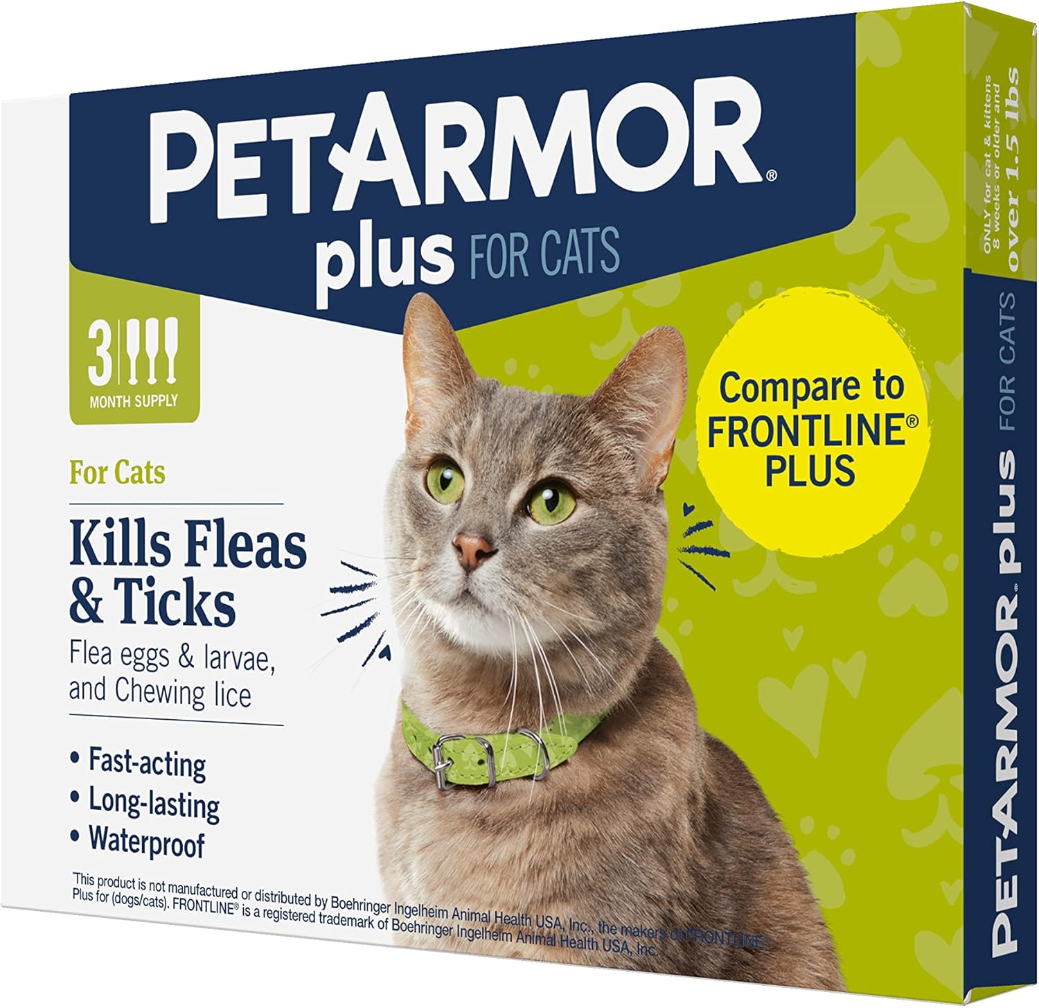 Petarmor Plus Flea And Tick Prevention For Cats, Cat Flea And Tick Treatment, 3 Doses, Waterproof Topical, Fast Acting, Cats Over 1.5 Lbs