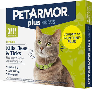 Petarmor Plus Flea And Tick Prevention For Cats, Cat Flea And Tick Treatment, 3 Doses, Waterproof Topical, Fast Acting, Cats Over 1.5 Lbs