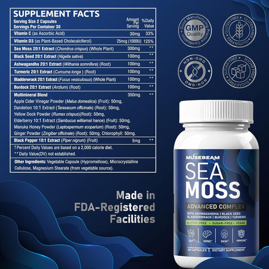 Irish Sea Moss 6000Mg - 2000Mg Black Seed Oil Ashwagandha Burdock Root Ginger Capsules - Advanced Seamoss Vitamin Multi Mineral Complex Supplement Pills For Men Women