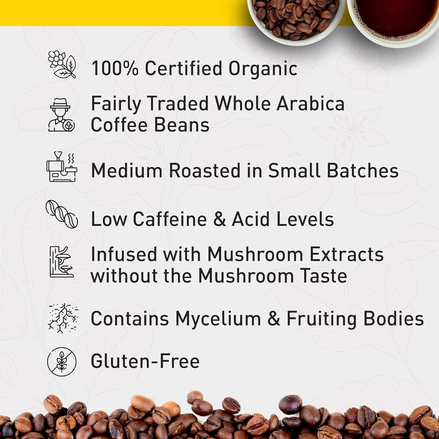 Enerhealth Botanicals Nutricafé Pure Reishi – Fairly Traded, Low Acid, Medium Roast Whole Arabica Bean Coffee, Infused With Organic Mushroom Extracts To Boost Immunity & Fight Fatigue – 12 Oz