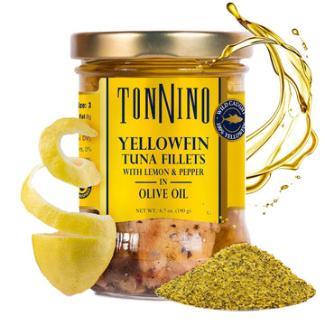Tonnino Yellowfin Tuna with Lemon Pepper in Olive Oil 6.7oz 6-Pack Omega-3, High Protein, Gluten-Free, Ready-to-Eat Tuna Packets for Tuna Salad, Tuna Fish Alternative to Salmon, seafood