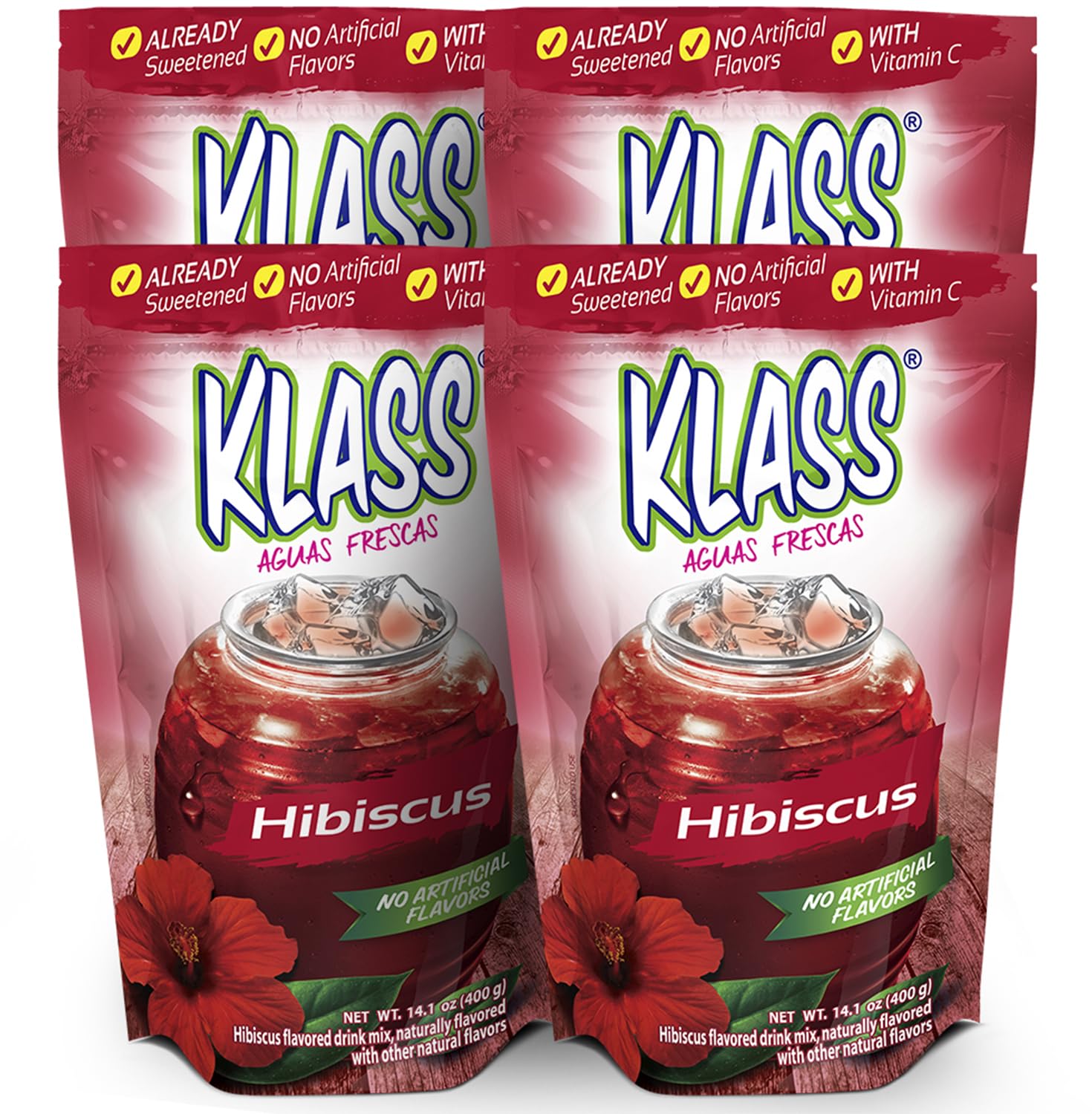 Drink Mix Hibiscus | Klass Aguas Frescas | Flavors From Natural Sources, No Artificial Flavors, With Vitamin C (Makes 7 To 9 Quarts) 14.1 Oz Family Pack (4-Pack)