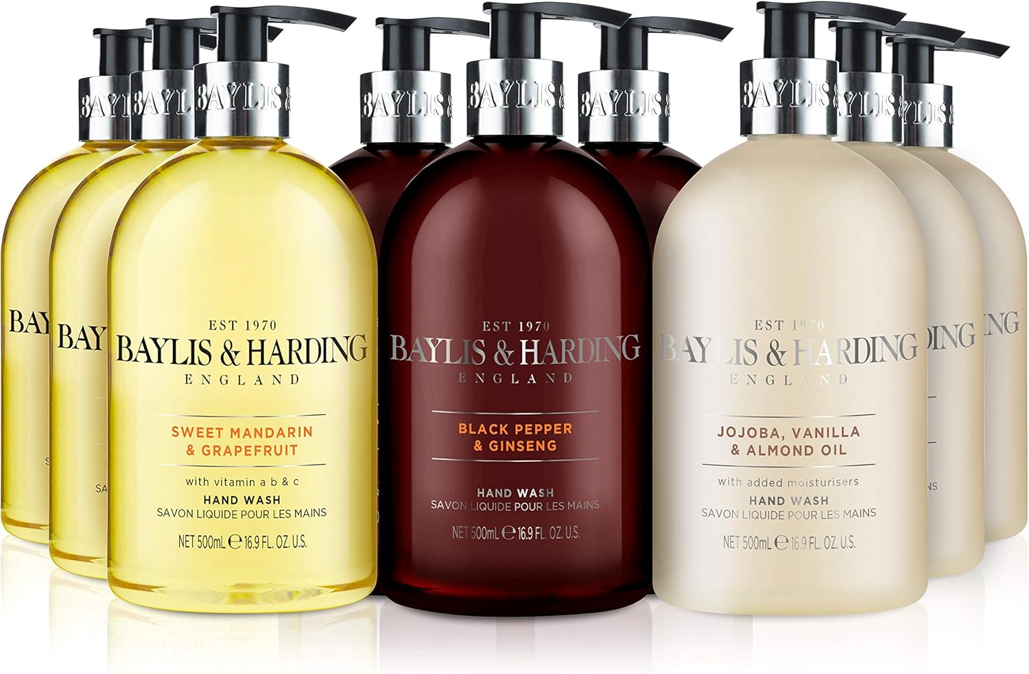 Baylis & Harding Signature Hand Wash Bundle - 3 X 500 Ml Sweet Mandarin & Grapefruit, 3 X 500 Ml Black Pepper & Ginseng For Men & 3 X 500 Ml Jojoba, Vanilla & Almond Oil (9 Bottles) - Vegan Friendly