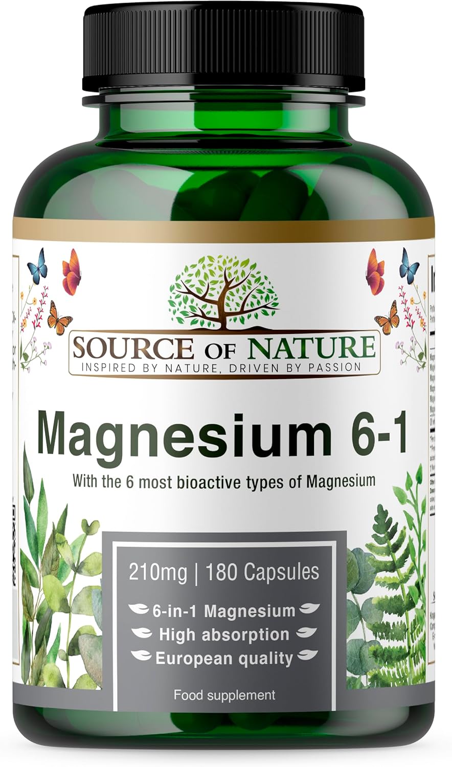 Source Of Nature® | 6-In-1 Magnesium Complex | High-Dose – 210 Mg Elemental Per Capsule | 180 Vegan Capsules | Bioactive Magnesium Forms: Aspartate, Malate, Taurate, Bisglycinate, Citrate & Oxide