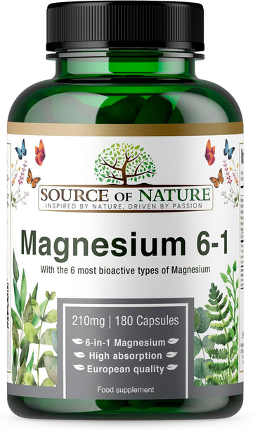 Source Of Nature® | 6-In-1 Magnesium Complex | High-Dose – 210 Mg Elemental Per Capsule | 180 Vegan Capsules | Bioactive Magnesium Forms: Aspartate, Malate, Taurate, Bisglycinate, Citrate & Oxide
