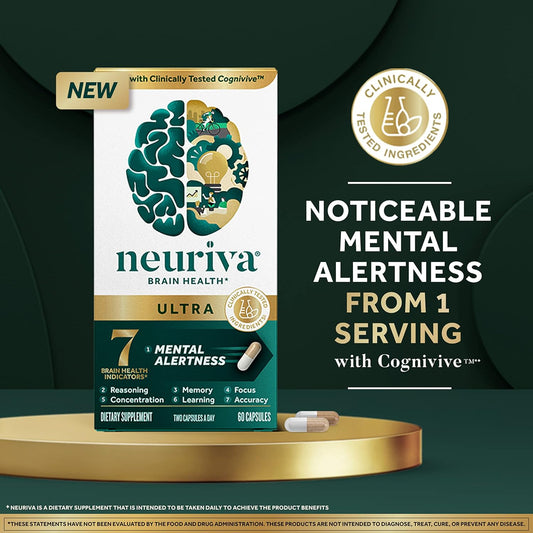 Neuriva Ultra Decaffeinated Clinically Tested Nootropic Brain Supplement For Mental Alertness, Memory, Focus & Concentration, Cognivive, Neurofactor, Phosphatidylserine, Vitamins B6 B12, 60 Capsules