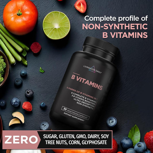 Livingood Daily Vitamin B Complex Capsules - B-Complex Vitamin Supplement For Women & Men - Supports Nervous System Health, Cognitive Function - Promotes Skin, Heart & Hair Health - Vegan, 30 Capsules