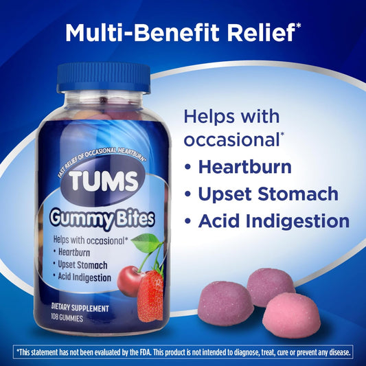 Tums Gummy Bites Dietary Supplement For Occasional Heartburn Relief, Upset Stomach And Acid Indigestion, Great For A Summer Bbq - Cherry Berry Burst - 108 Count