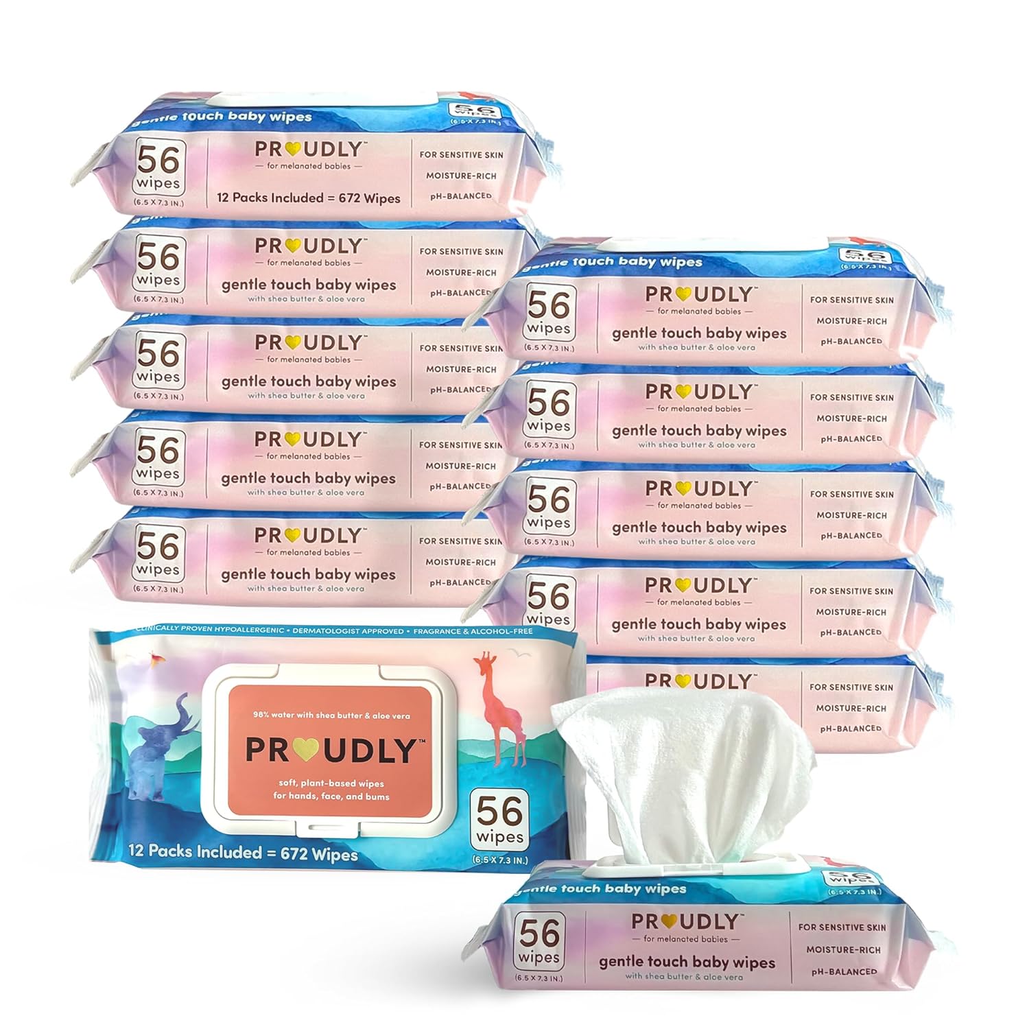 Proudly Gentle Touch Baby Wipes, Unscented & Hypoallergenic Water Wipes For Black & Brown Babies' Skin Care, 672 Count (12-Pack)