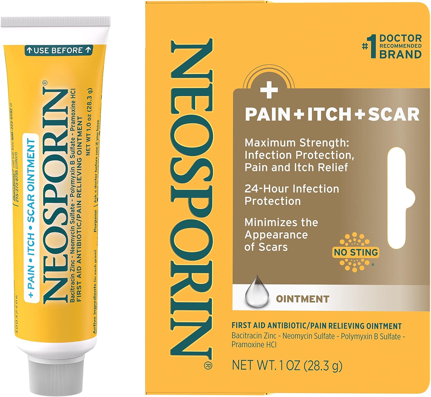 Neosporin First Aid Antibiotic Pain-Relieving, Anti-Itch, & Scar Ointment With Neomycin, Bacitracin Zinc, Pramoxine Hcl & Polymyxin B, For Minor Cuts, Scrapes & Burns, 1 Oz