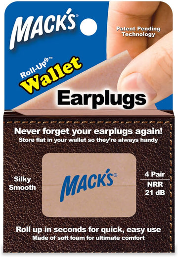 Mack's Roll-Ups Wallet Ear Plugs, 4 Pair - Soft Foam Earplugs for Concerts, Sports Events, Nightclubs, Shooting and Power Tools Beige