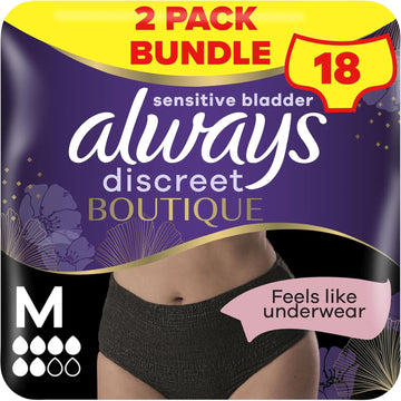 Always Discreet Boutique Incontinence Pants Women, Medium, UK Dress Size 10-16, Black, Absorbency 6, 18 Underwear / Knickers, Heavy Bladder Leak Protection / Maternity Postpartum, Odour Neutraliser