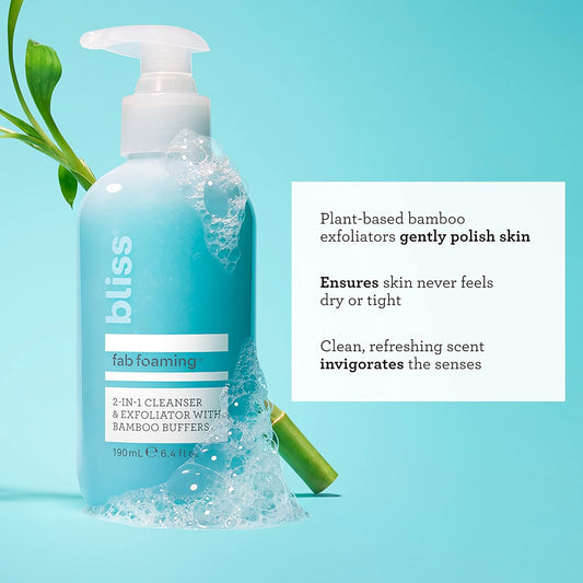 Bliss Fab Foaming 2-In-1 Cleanser and Exfoliator with Bamboo Buffers - 6.4 Fl Oz - Oil-Free Gel Face Wash - Makeup Remover - Vegan & Cruelty Free