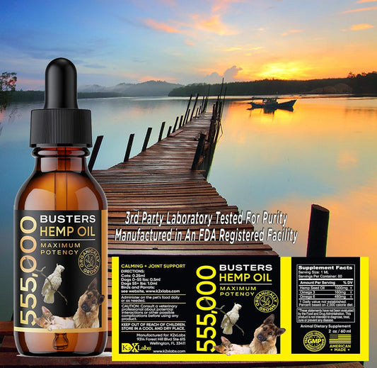 Buster's Large 60ml Bottle, 2mth Supply, Organic Hemp Oil for Dogs and Pets, 555,000 Max Potency, Made in USA - Miracle Formula, Perfectly Balanced Omega 3, 6, 9 - Joint Relief, Calming