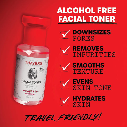 Thayers Alcohol-Free Rose Petal Witch Hazel Facial Toner For Glowing Skin, Soothing, Hydrating, Refreshing Toner For Normal And Combination Skin, 3Oz