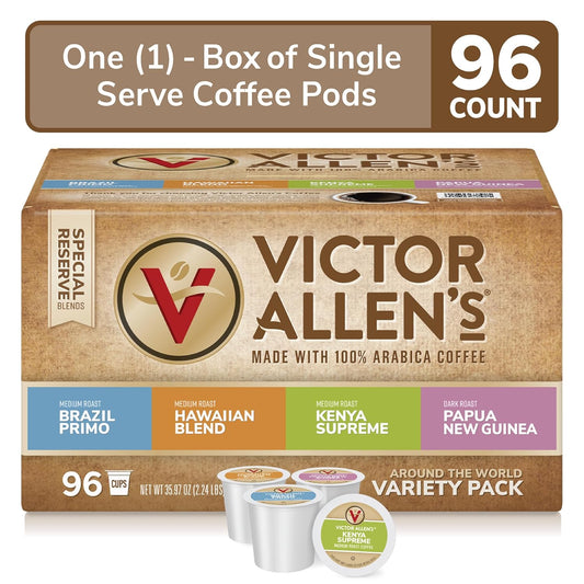 Victor Allen'S Coffee Around The World Variety Pack (Brazil Primo, Kenya Supreme, Kona Blend, Papua New Guinea), 96 Count, Single Serve Coffee Pods For Keurig K-Cup Brewers