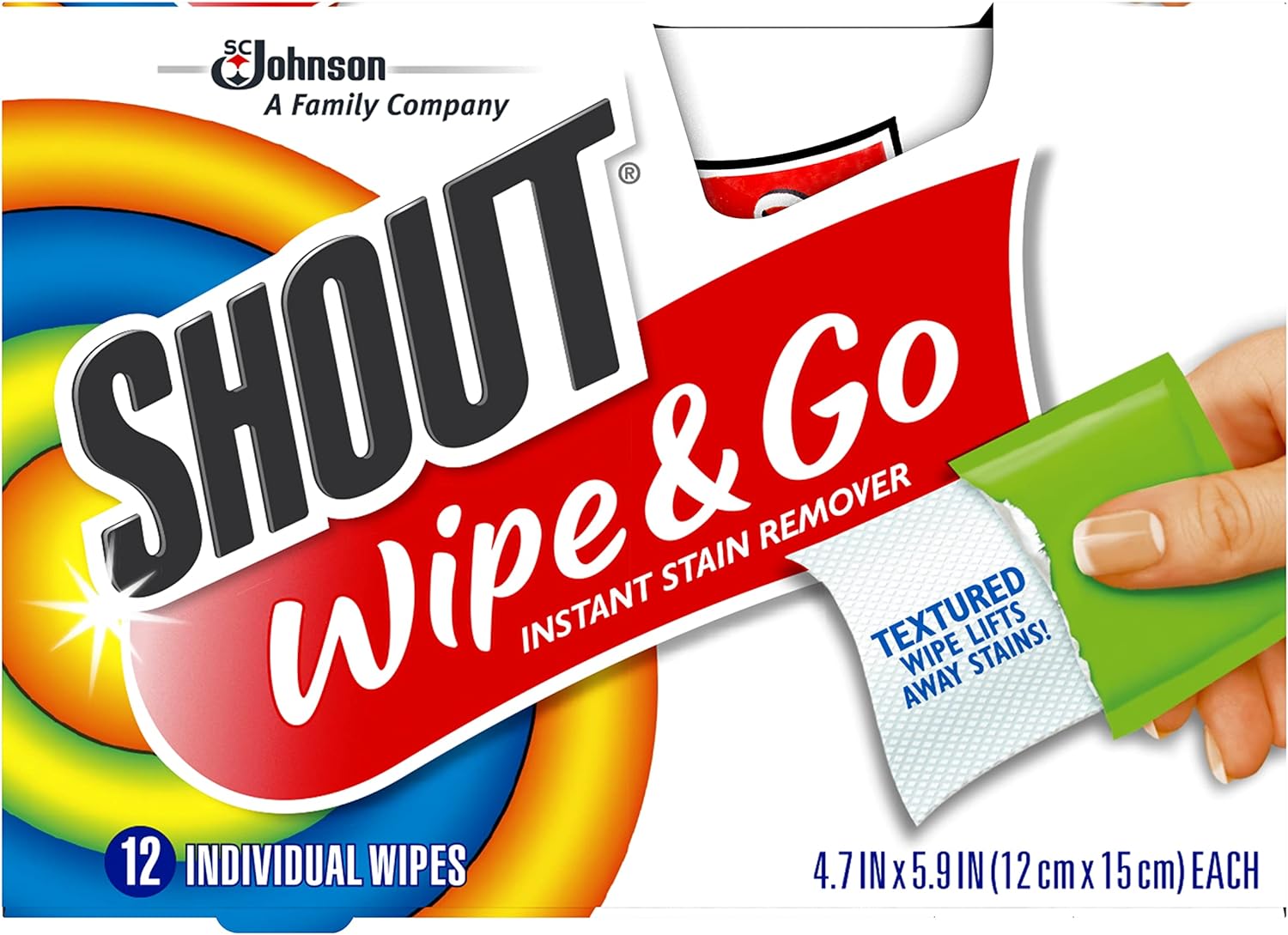 Shout Wipes, Wipe and Go Instant Stain Remover, Laundry Stain and Spot Remover for On-the-Go, 12 Count