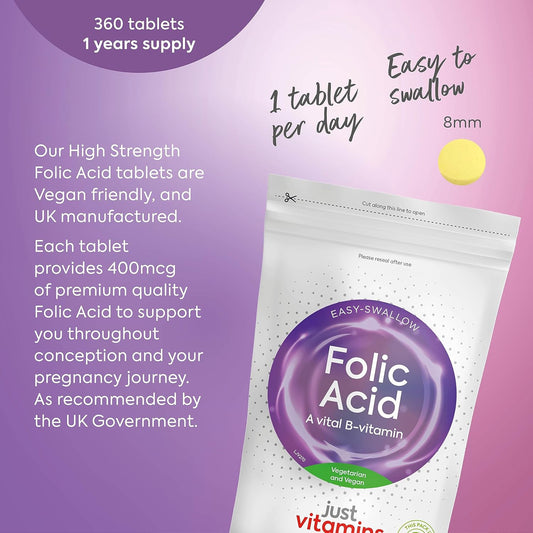 Folic Acid 400 Mcg, X360 Premium Prenatal Vitamin B9 Tablets, 12 Month Supply - High Strength Vegan Friendly Pregnancy Care Vitamins For Women - Supports Immune System And Maternal Tissue Growth. Uk